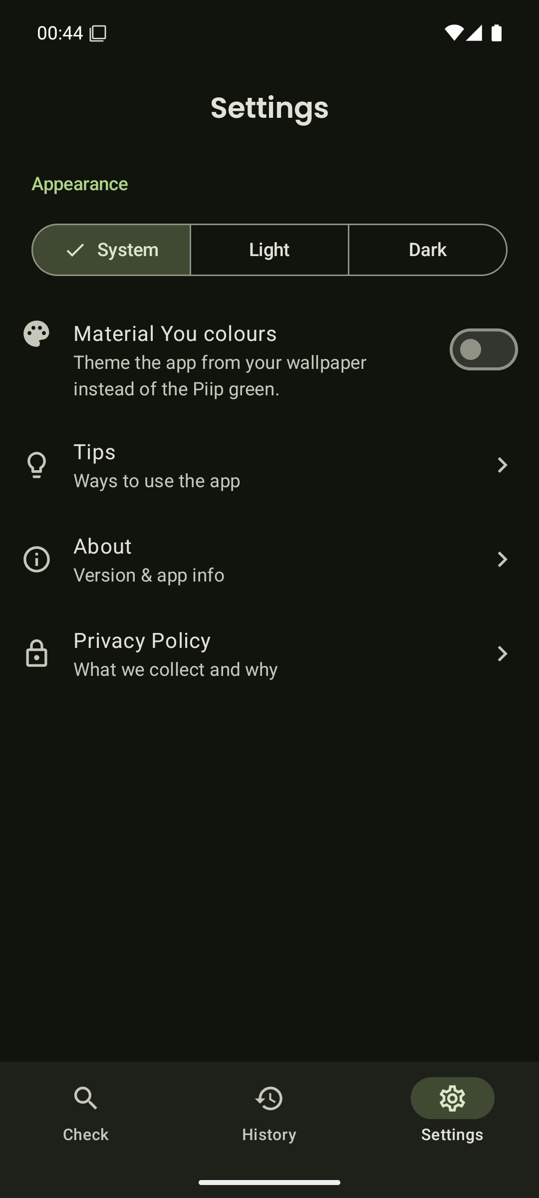 Settings with themes and languages