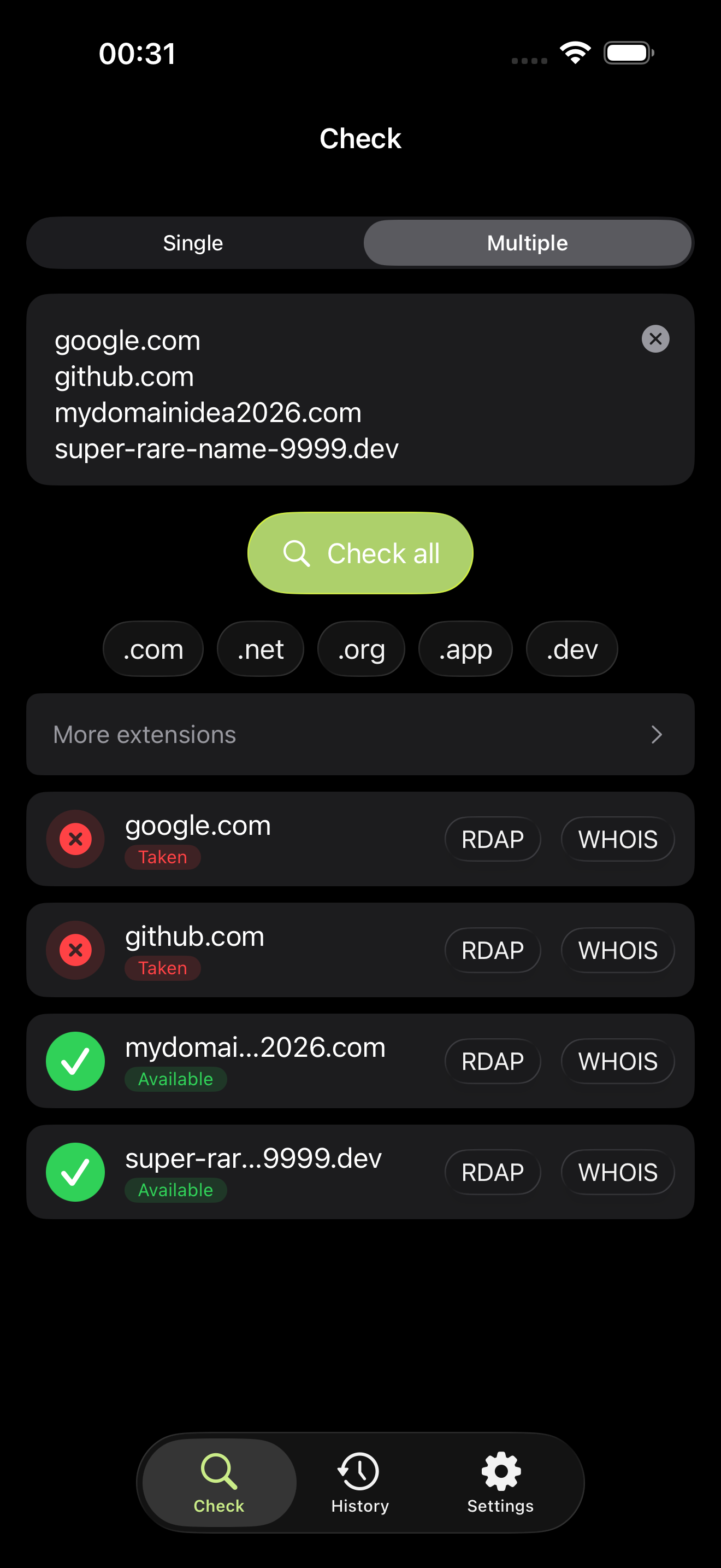 Domain Check results with available and taken statuses